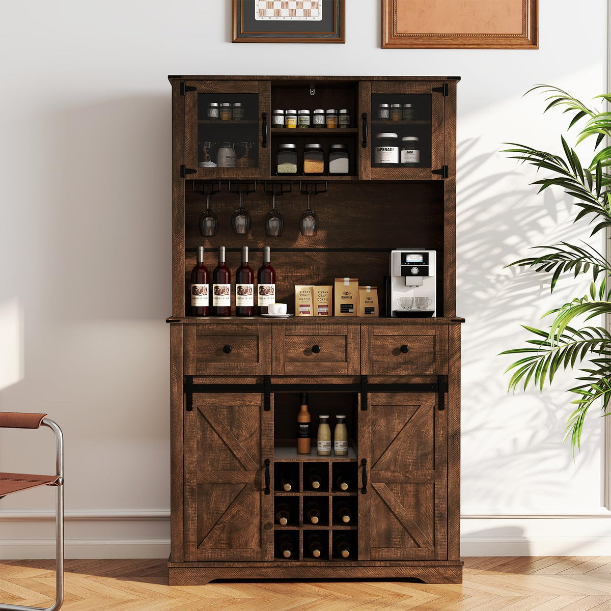 Goflame 72" Farmhouse Coffee Bar Cabinet w/Glass Doors & Wine Racks