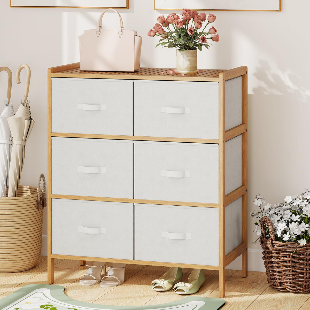 Goflame White Dresser for Bedroom Bamboo 6 Fabric Drawers Storage Tower with Top Shelf