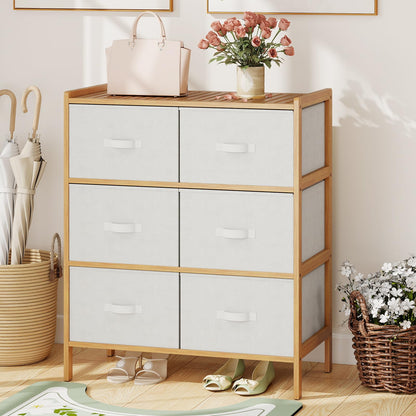 Goflame White Dresser for Bedroom Bamboo 6 Fabric Drawers Storage Tower with Top Shelf