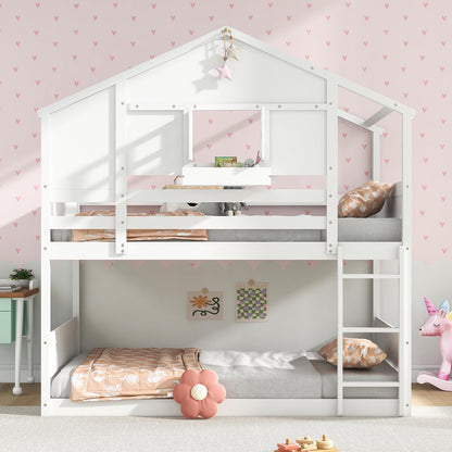 Goflame Bunk Bed Twin Over Twin, Wood House Bed for Kids with Roof, Window Door, White