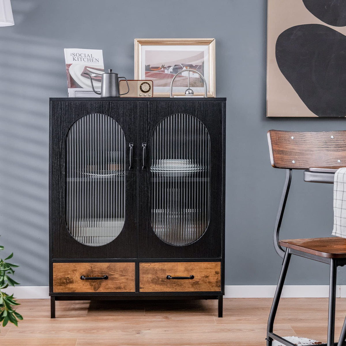 Goflame Buffet Cabinet with 2 Drawers, Wooden Sideboard, Standing 2-Tier Cupboard (Black & Brown)