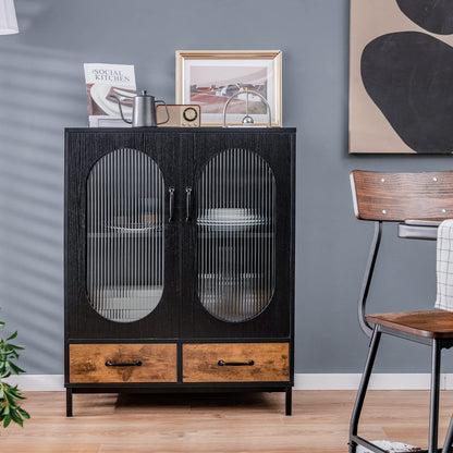 Goflame Buffet Cabinet with 2 Drawers, Wooden Sideboard, Standing 2-Tier Cupboard (Black & Brown)