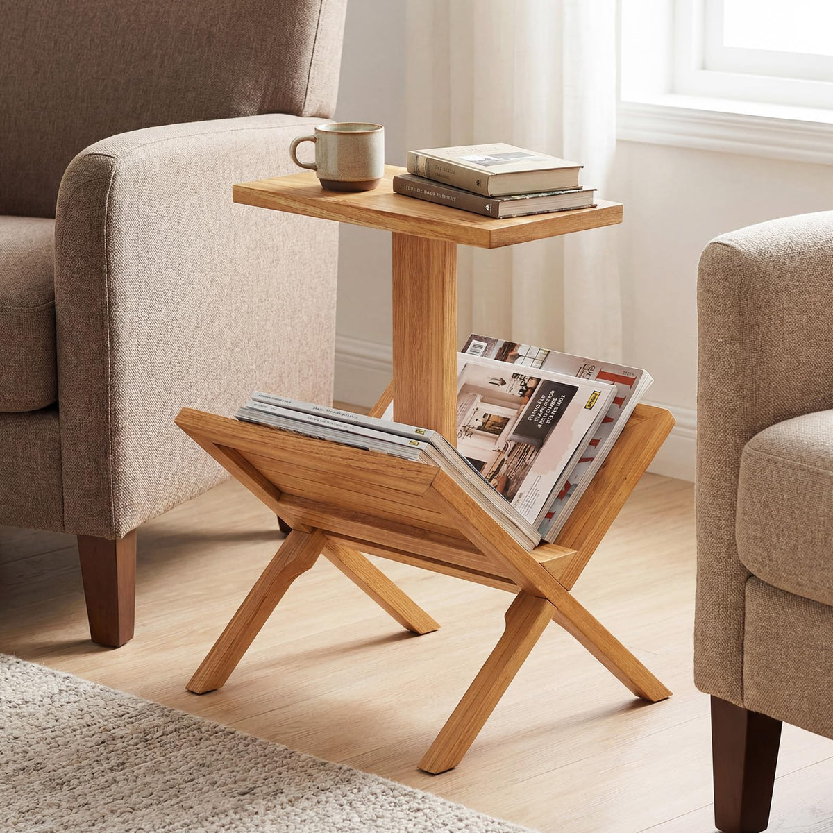 Goflame Side Table Teak Wood Set of 1/2 2-Tier Sofa Couch End Table