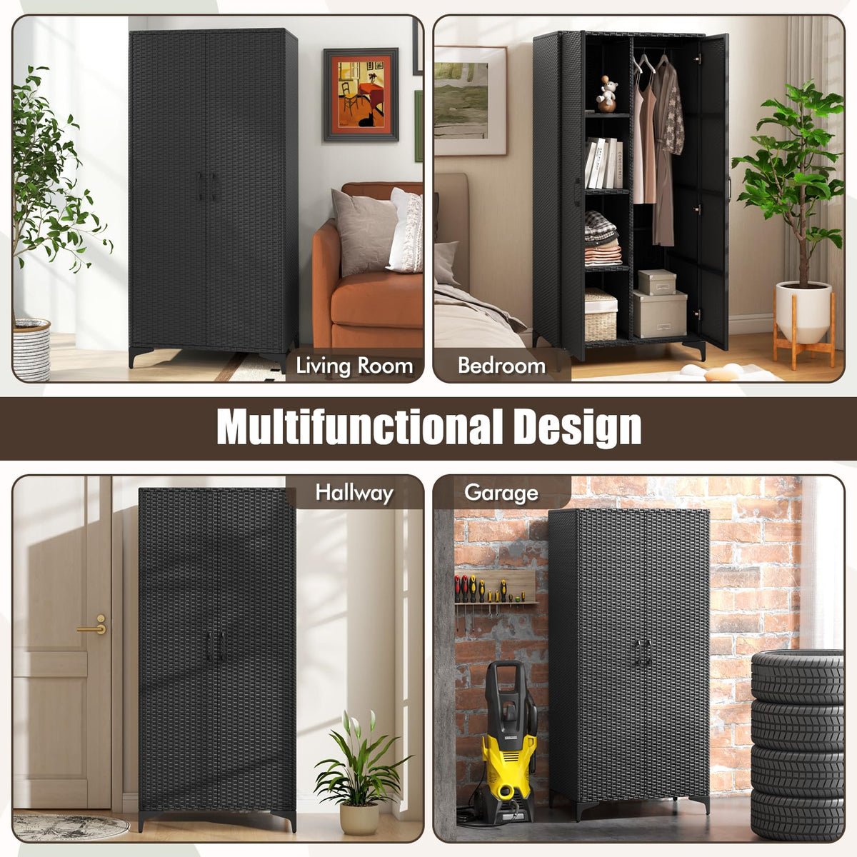 Goflame Wicker Storage Cabinet, 62” Tall Pantry Cabinet with 2 Doors, Hanging Rod, 4 Storage Cubes