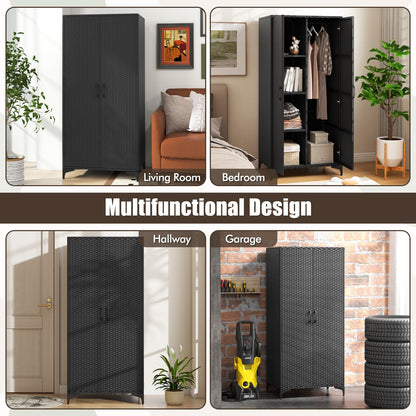 Goflame Wicker Storage Cabinet, 62” Tall Pantry Cabinet with 2 Doors, Hanging Rod, 4 Storage Cubes