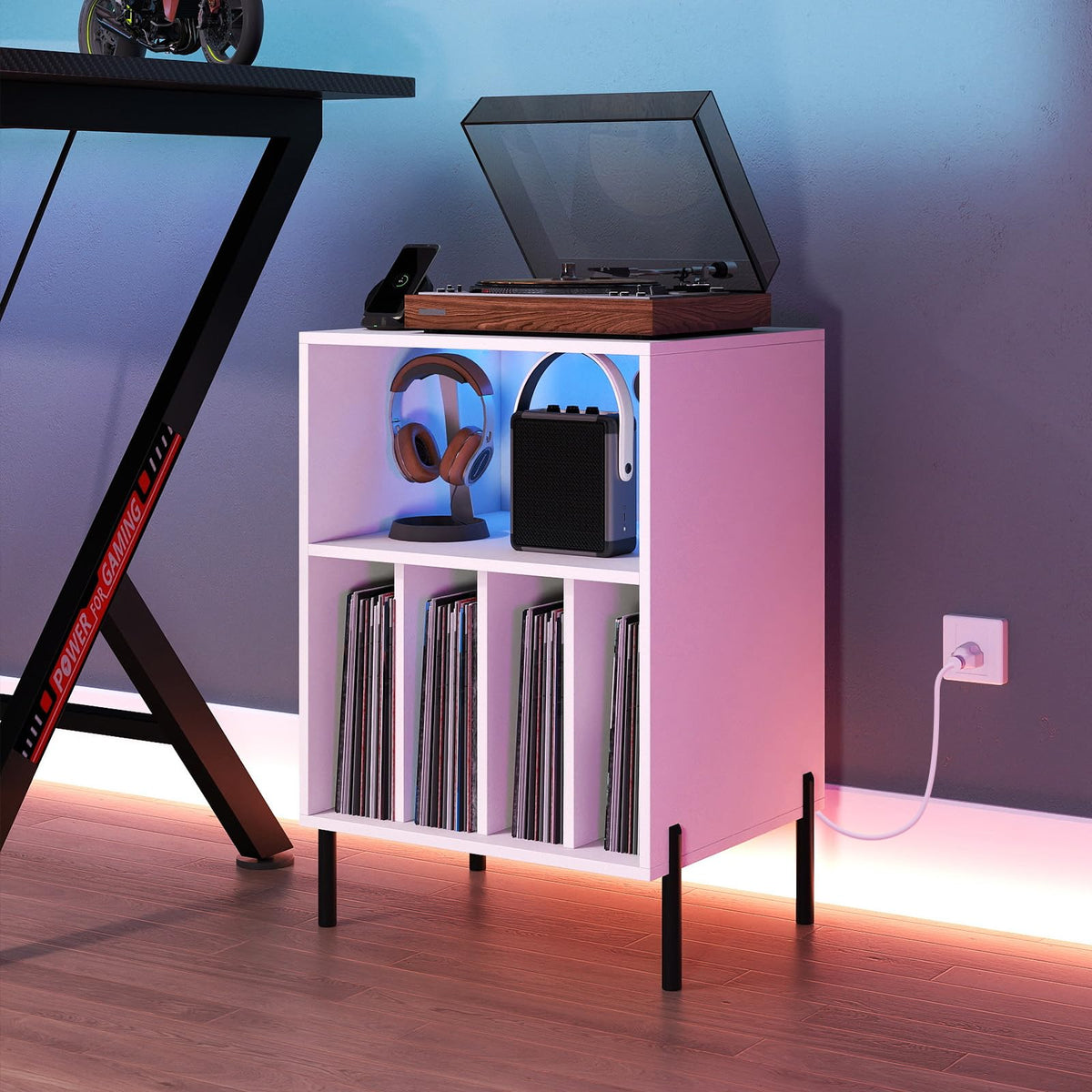 Goflame Record Player Stand with LED Lights & Charging Station