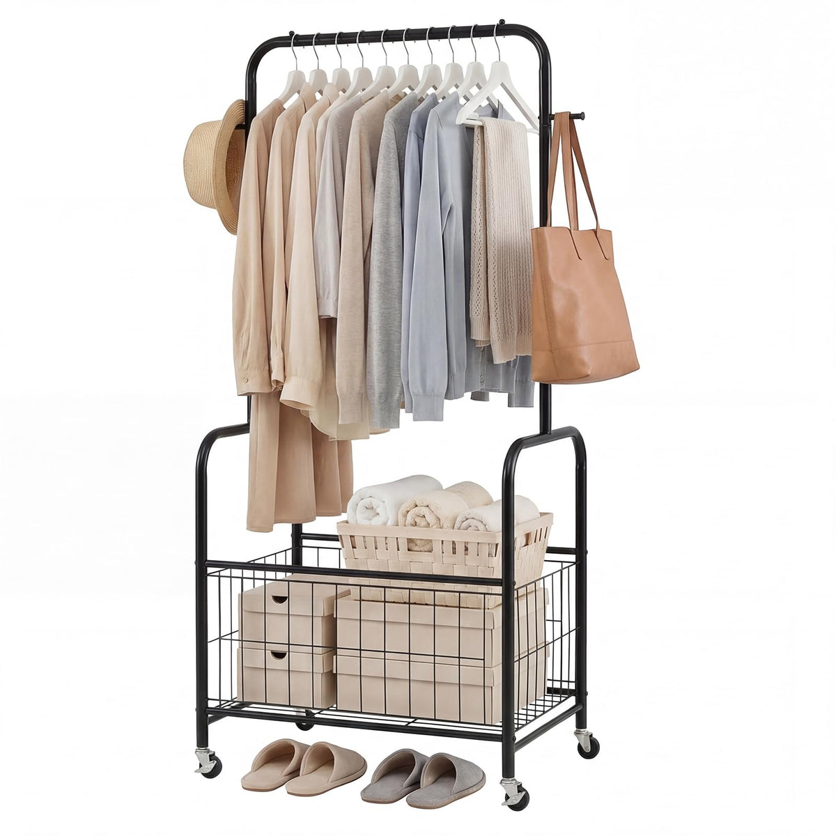 Goflame 35" Clothes Rack with Storage Basket & Lockable Wheels