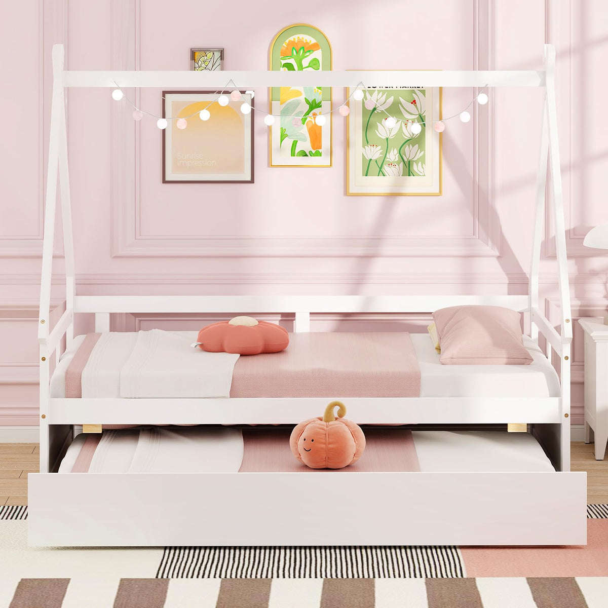 Goflame Twin House Bed with Trundle, Wood Montessori Tent Bed Frame with Safety Guardrail
