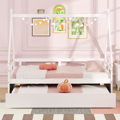 Goflame Twin House Bed with Trundle, Wood Montessori Tent Bed Frame with Safety Guardrail