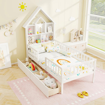 Goflame Twin House Bed with 2 Storage Drawers