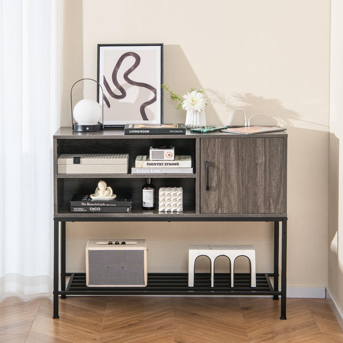 Goflame Buffet Cabinet with Power Outlets & USB Ports, Wood Coffee Bar Cabinet