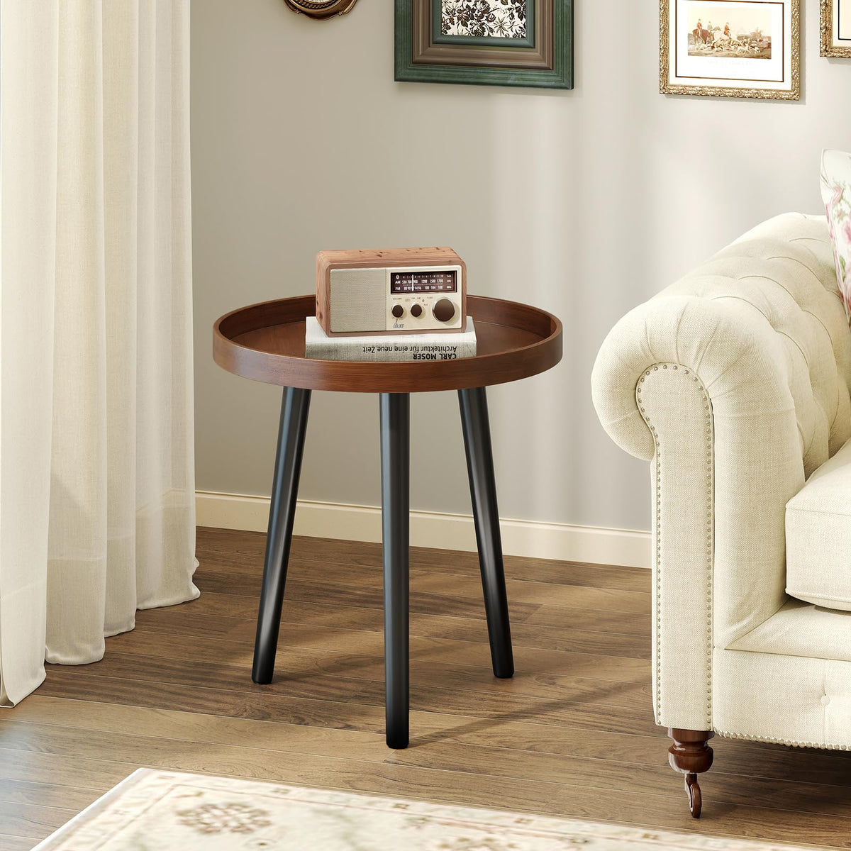 Goflame Mid Century Modern Side Table with Wooden Tray and Bamboo Legs