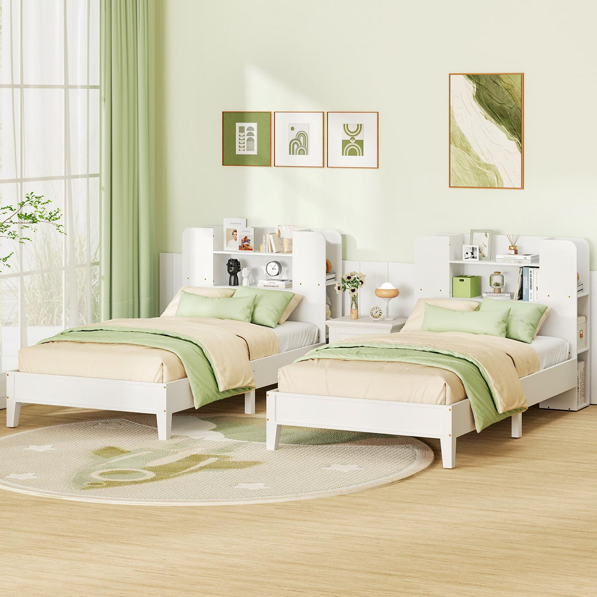 Goflame Twin Bed Frames for Kids, Wooden Twin Size Bed with Storage Bookcase Headboard