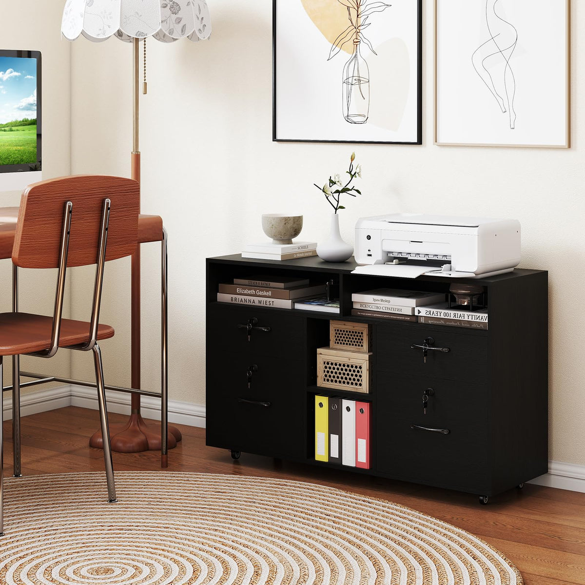 Goflame 4-Drawer Lateral File Cabinet with Lock & 5 Rolling Wheels (2 Lockable)