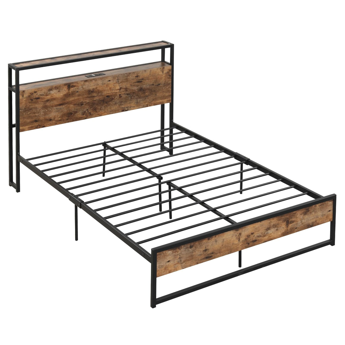 Goflame Full Bed Frame with Storage Headboard and Charging Station, with Outlets and USB Ports
