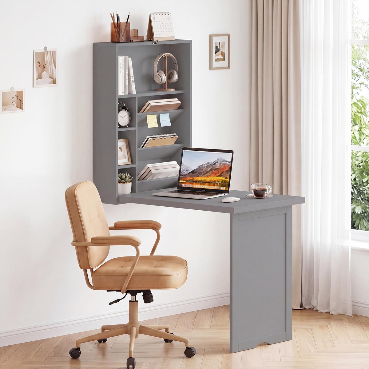 Goflame Wall Mounted Desk | Foldable Convertible Computer Desk with Storage Shelves