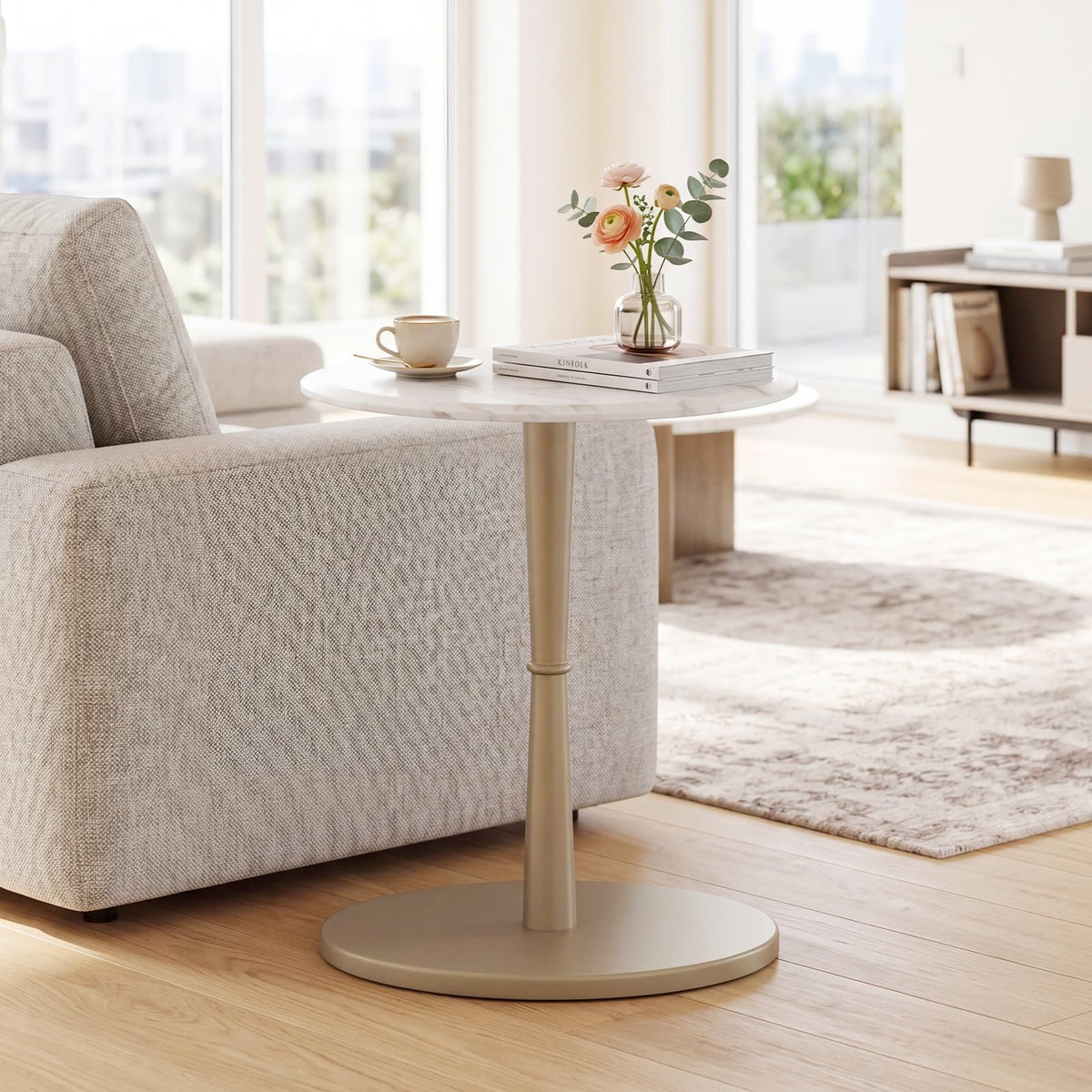 Goflame Round Marble Side Table w/Stone Finish & Wooden Pedestal (1/2)