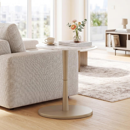 Goflame Round Marble Side Table w/Stone Finish & Wooden Pedestal (1/2)