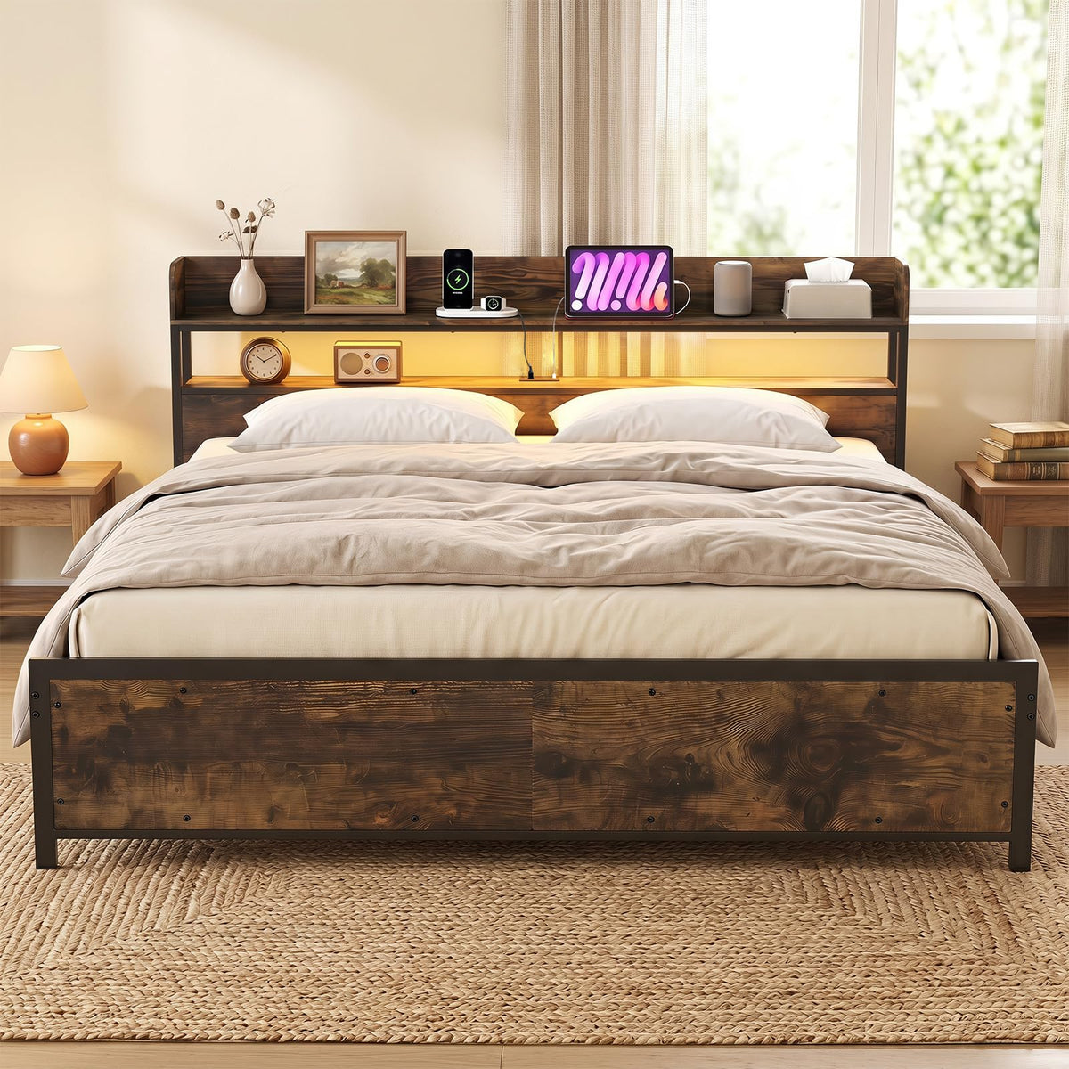 Goflame King Size Bed Frame with Storage Headboard