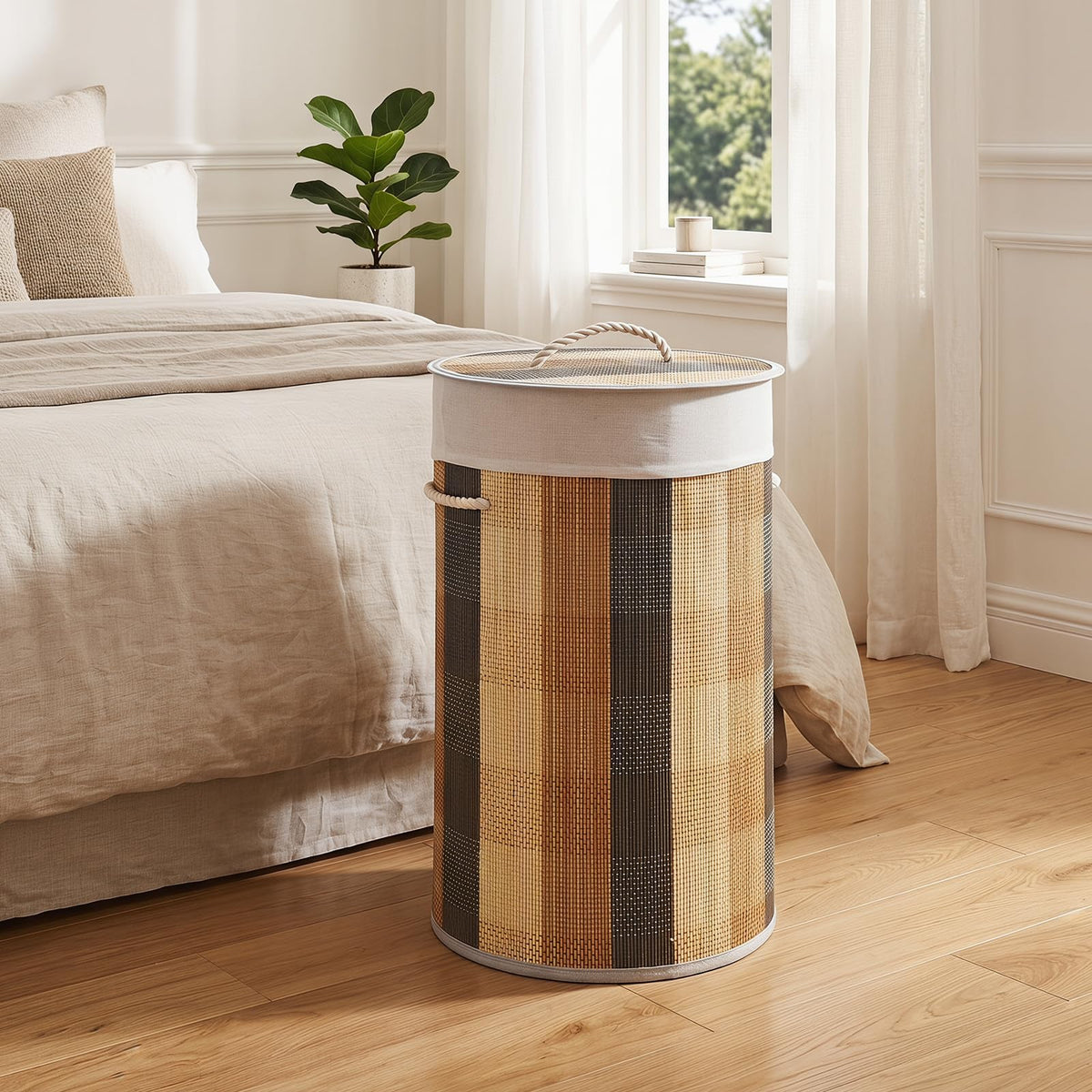 Goflame 13.2 Gal Round Bamboo Laundry Hamper with Lid