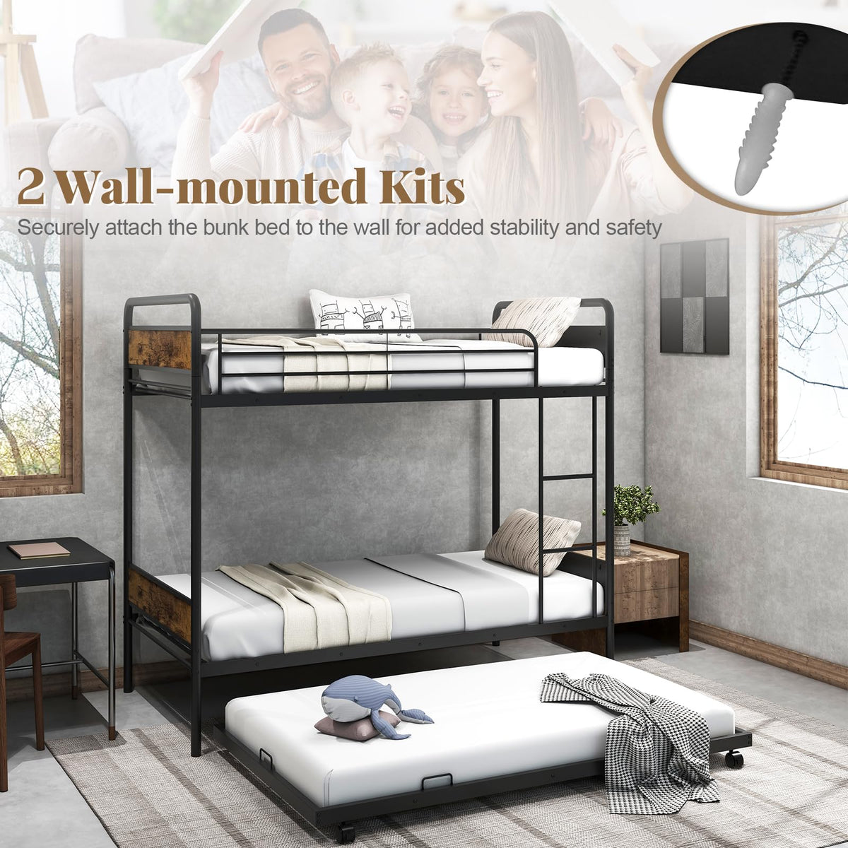 Goflame Metal Twin Over Twin Bunk Bed with Trundle