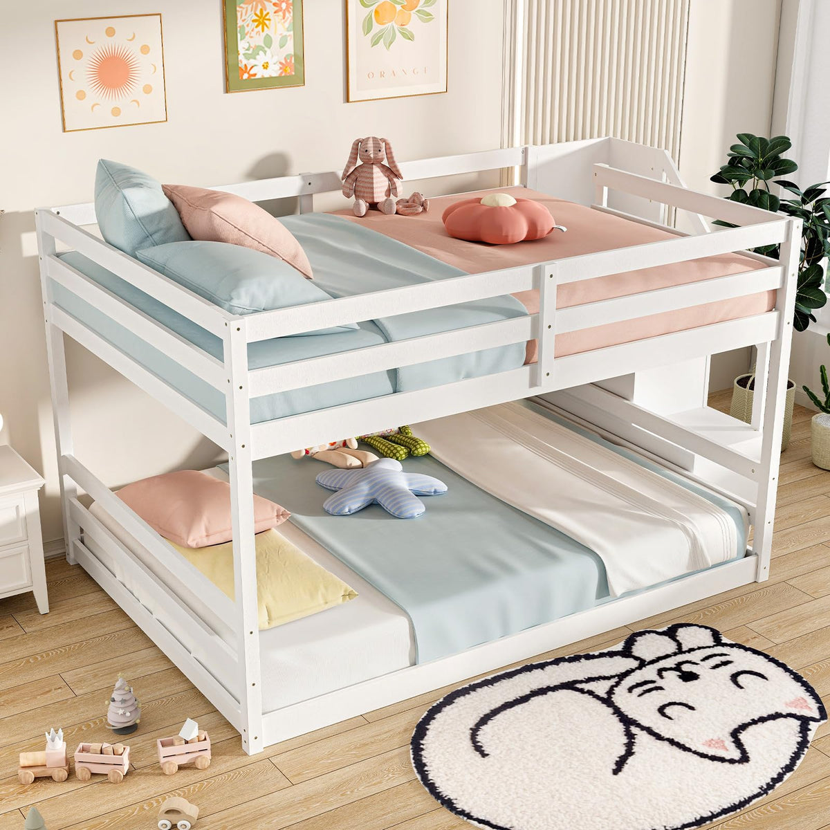 Goflame Bunk Bed with Stairs, Solid Wood Floor Bunk Bed with Storage Staircase & Full-Length Guardrails