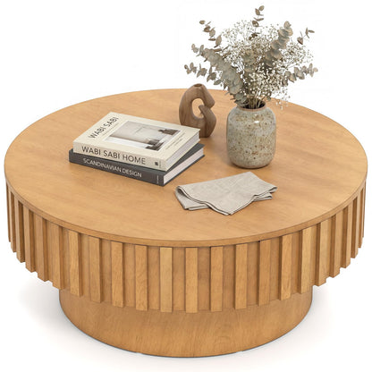 Goflame Round Coffee Table with Storage | Modern Drum Fluted Center Table with Solid Wood Veneered