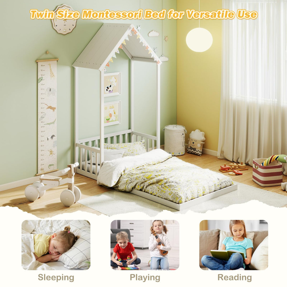 Goflame Twin Size House Bed Montessori Floor Bed with House Shape Roof & Semi-Fence