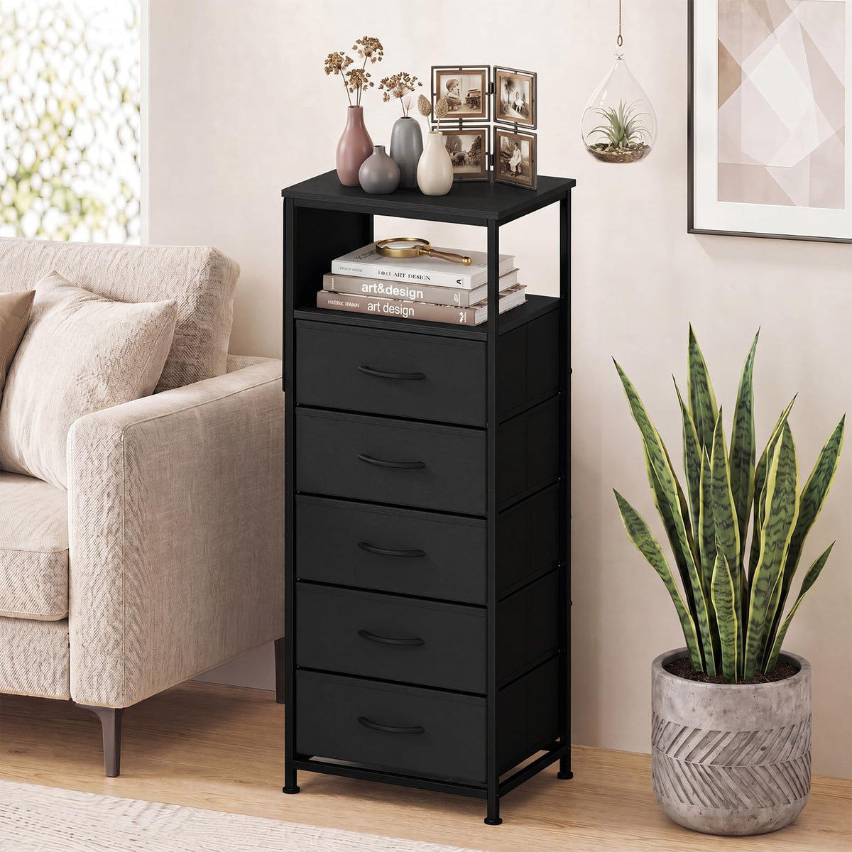 Goflame Modern 39" Bedside Table with Integrated Charging Station & 5 Fabric Drawers (1/2)
