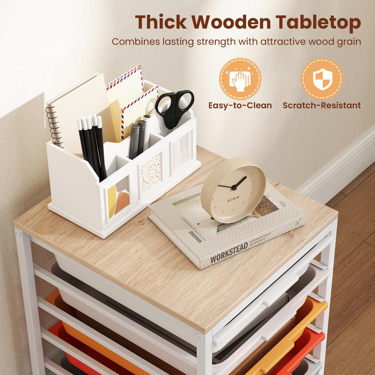 Goflame 6-Drawer Rolling Storage Cart with Wooden Tabletop