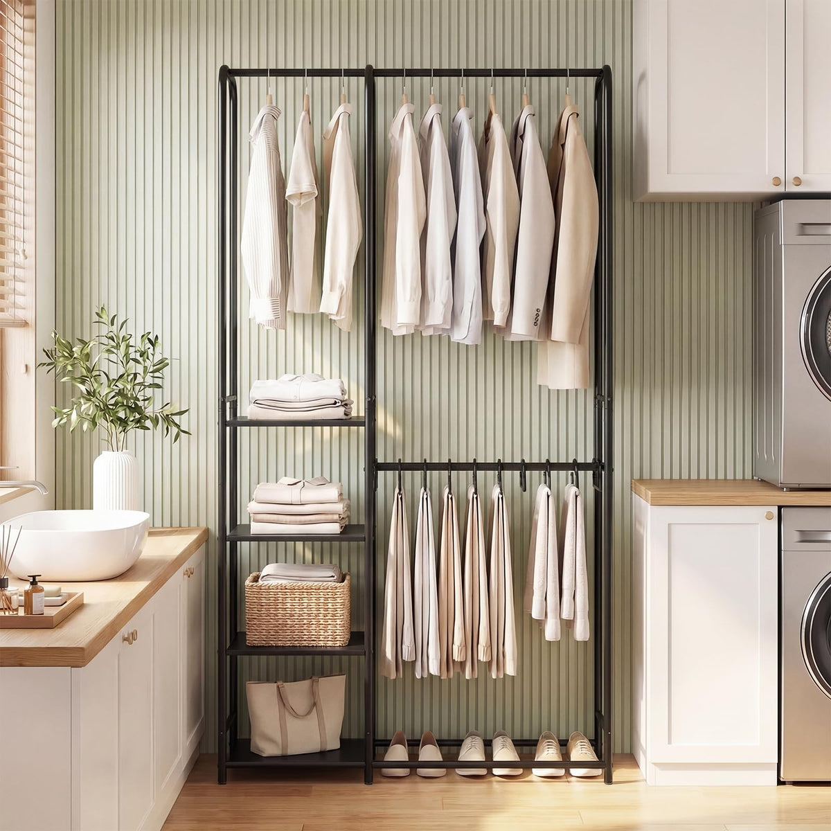 Goflame Heavy-Duty Metal Clothing Rack with 2 Hanging Rods & 4 Storage Shelves