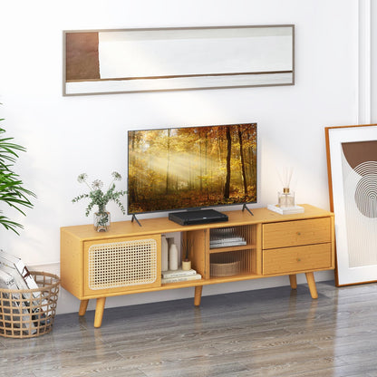 Goflame Bamboo TV Stand for 55 60 65 Inch TV, PE Rattan Entertainment Center with Sliding Doors