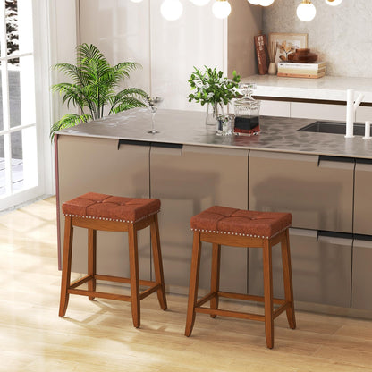 Goflame Bar Stools Set, 25" Counter Height Bar Stools w/Saddle Seat, Footrest, Rivet, Button Tufted, Rubber Wood Frame