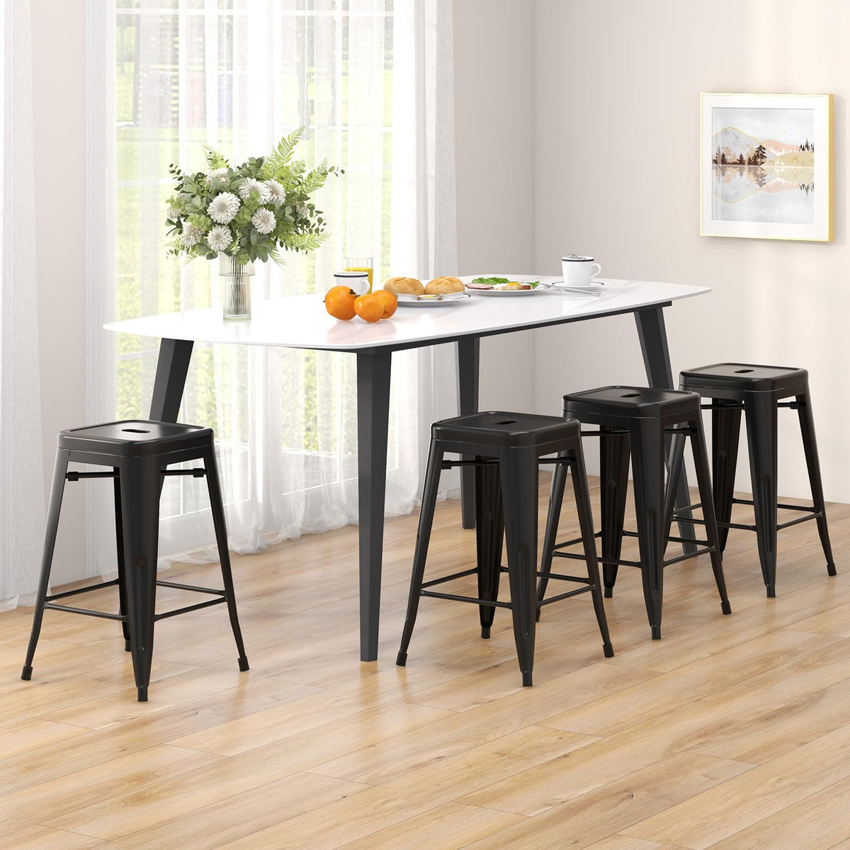 Goflame Metal Backless Bar Stools Set of 4, 24" Industrial Counter Height Bar Stools w/Cut-Out Handle, Footrest