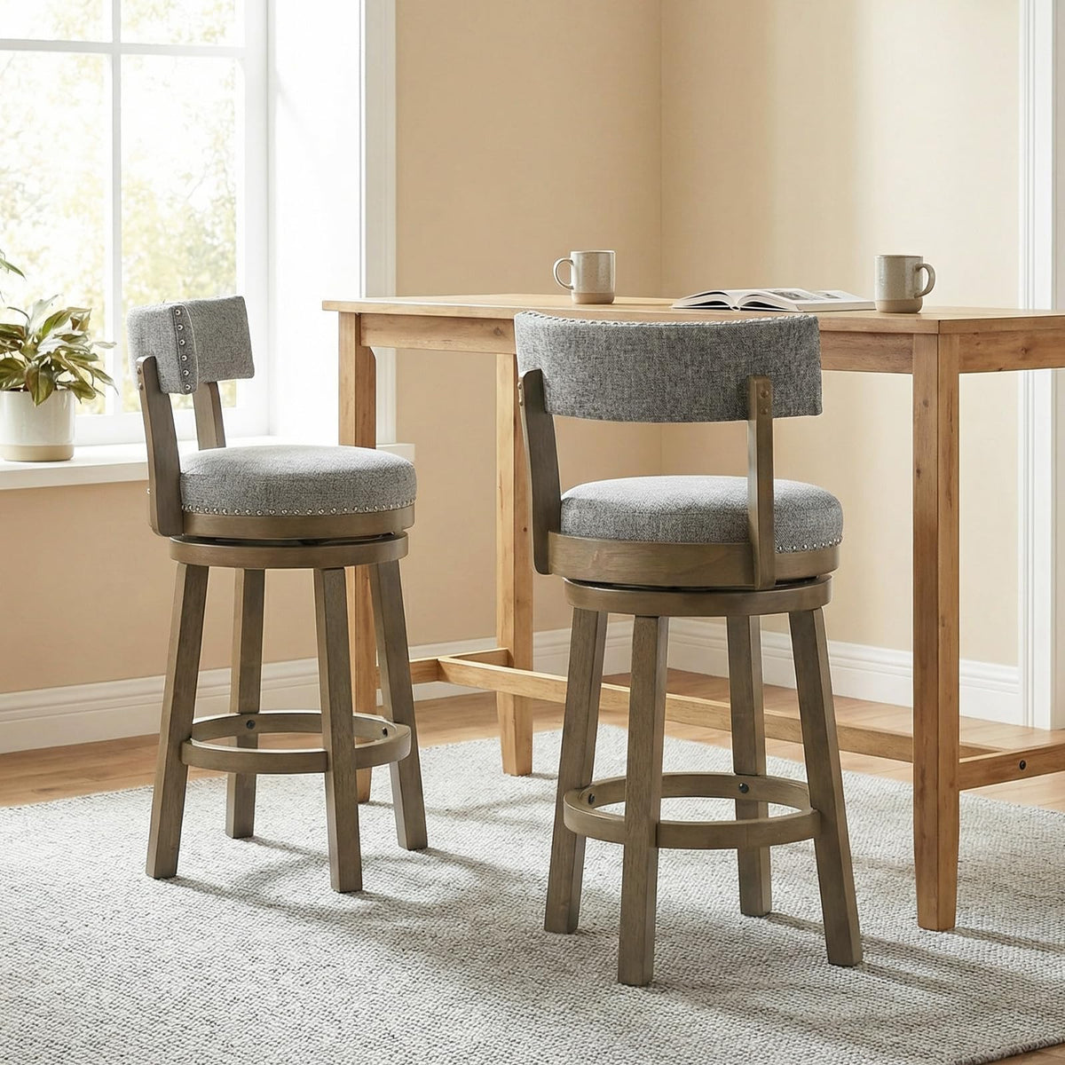 Goflame Swivel Bar Stool | 27" Counter Height Stool with Linen Fabric Upholstered Seat & Back