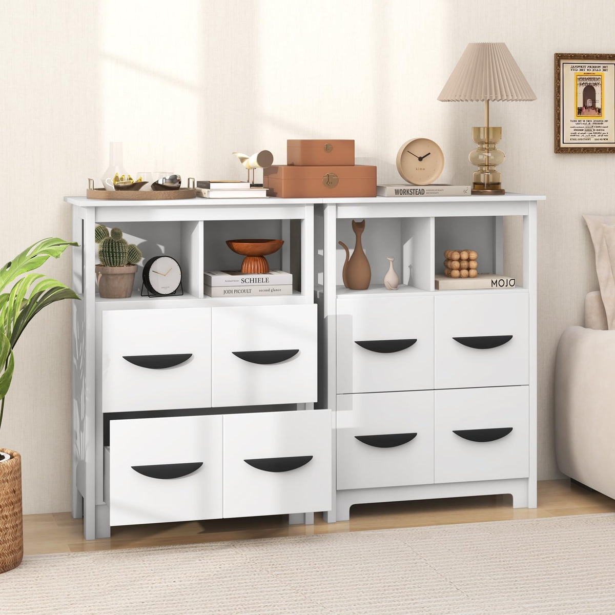 Goflame Storage Cabinet with Large Drawers, Open Storage Compartments, Anti-Tipping Kit, White