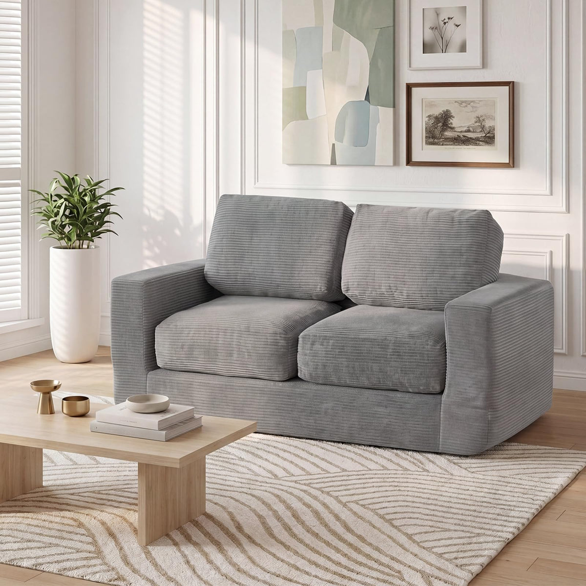 Goflame 2-Seater Floor Couch with Removable Corduroy Cover