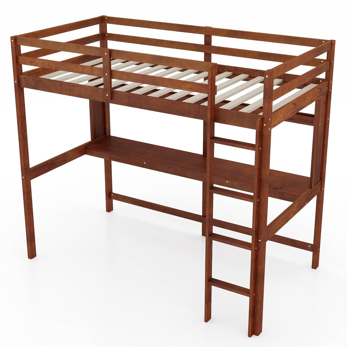 Goflame Twin Loft Bed with Desk and Bookshelf, Wooden Bed Frame with Safety Guardrail & Ladder