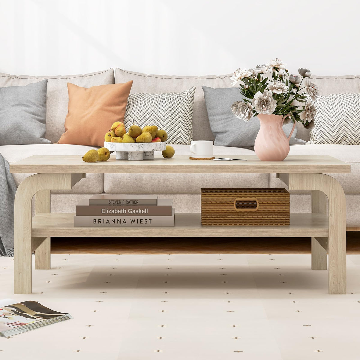 Goflame 2-Tier Coffee Table with Storage, 47” Mid Century Rectangle Accent Table with Open Shelf