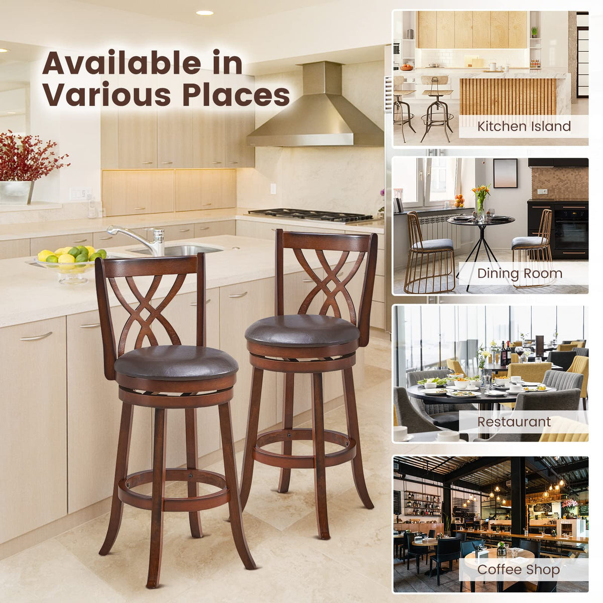 Goflame Brown Bar Stools PU Leather Cushioned Seat and Footrests, for Kitchen Island