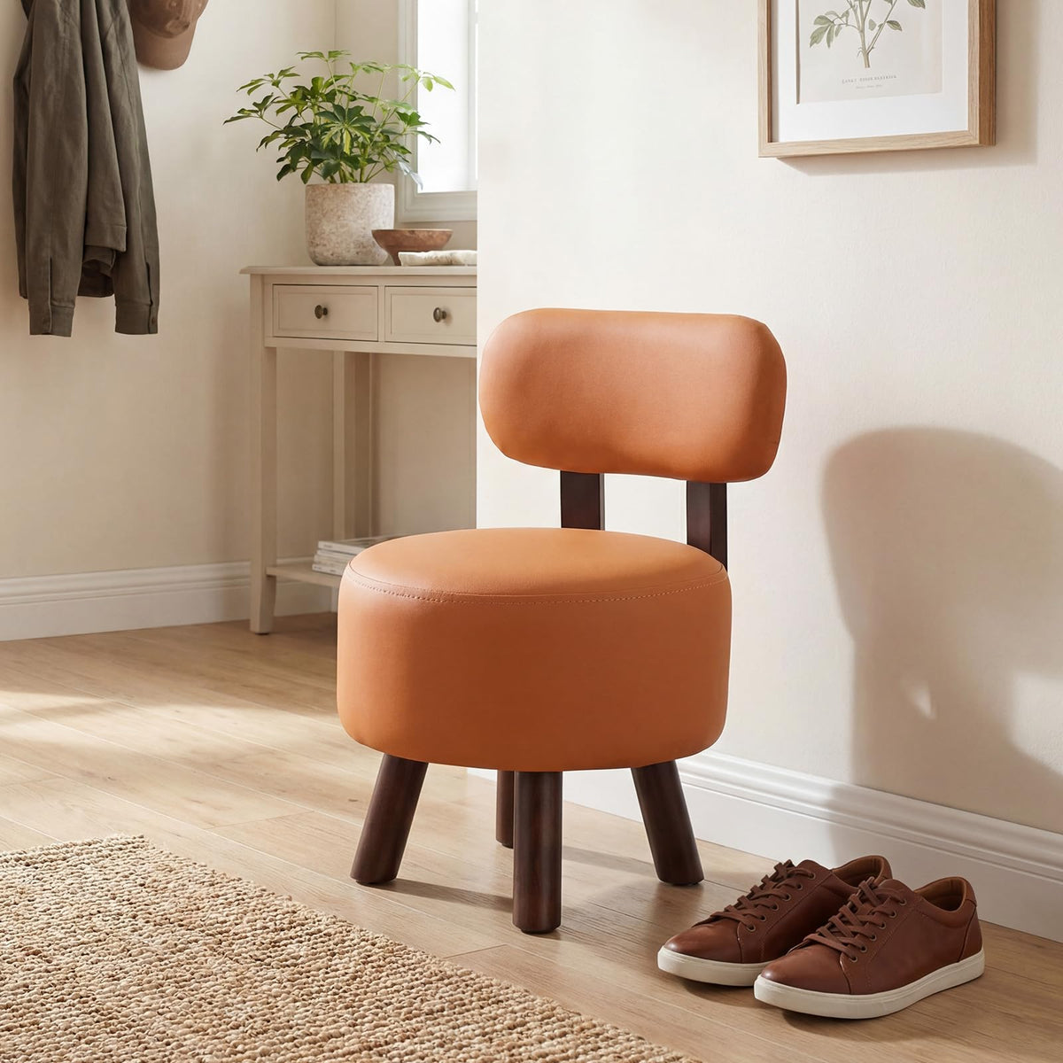 Goflame Round Small Footrest Stools Set of 2 with Backrest & Rubber Wood Legs