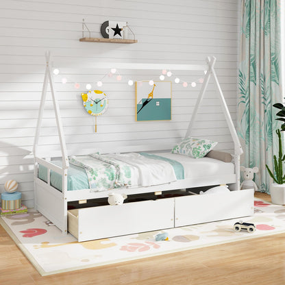 Goflame Twin Bed with 2 Storage Drawers, Wood Montessori House Tent Bed Frame with Safety Guardrail