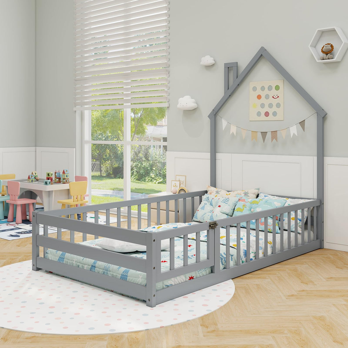 Goflame Twin Floor Bed, House-Shaped Montessori Bed Frame with Headboard, Full-Length Guardrail