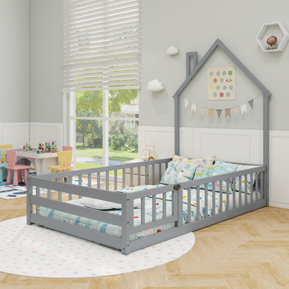 Goflame Twin Floor Bed, House-Shaped Montessori Bed Frame with Headboard, Full-Length Guardrail