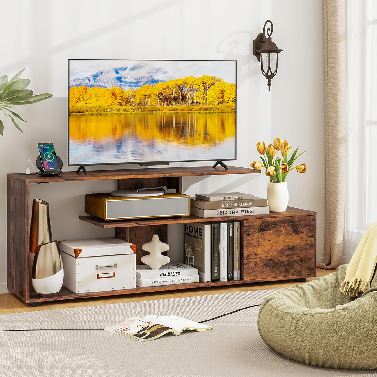 Goflame TV Stand with Power Outlet for TVs up to 55 Inch, Entertainment Center with Storage Cabinet & Open Shelves