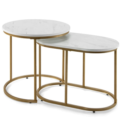 Goflame Modern Nesting Coffee Table Set of 2, Accent Marble Look Stacking Side Table for Living Room Bedroom