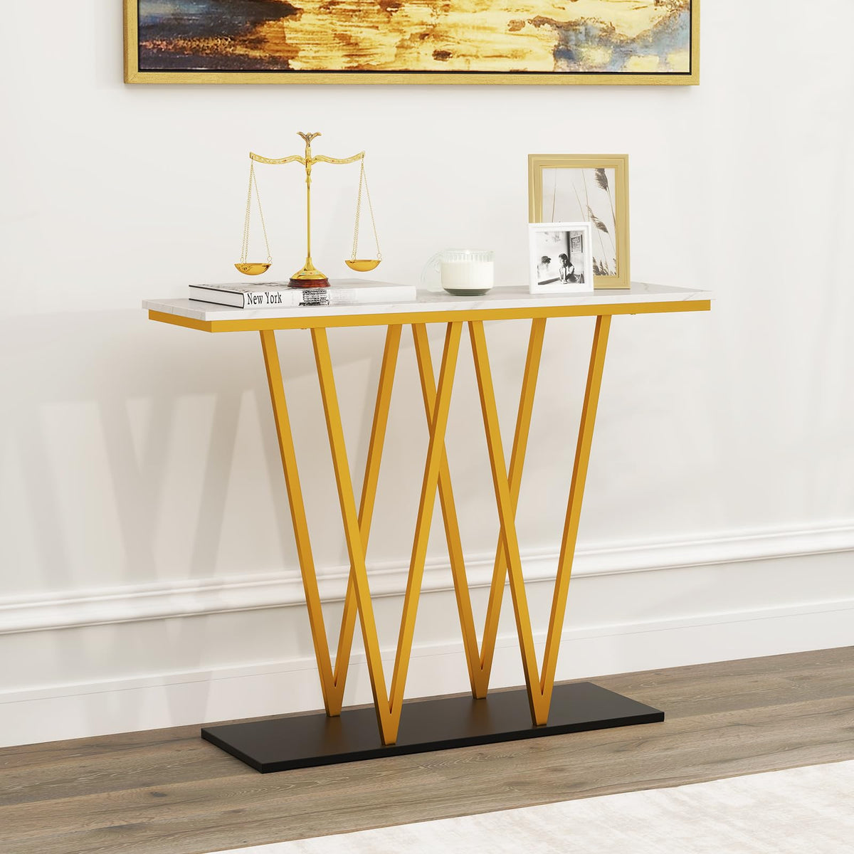 Goflame Gold Entryway Table 40 Inch Modern Console Table with Faux Marble Table and Metal Frame
