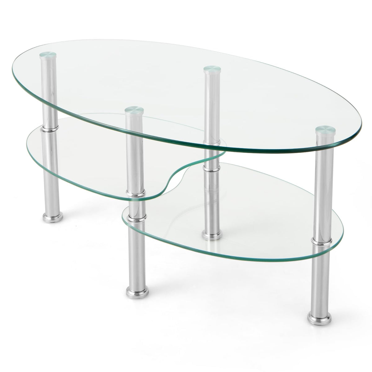 Goflame Oval Glass Coffee Table - 3-Tier Transparent Tempered Glass Center Table with Metal Stand, 35"× 20" ×18"