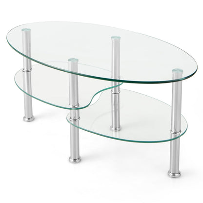 Goflame Oval Glass Coffee Table - 3-Tier Transparent Tempered Glass Center Table with Metal Stand, 35"× 20" ×18"