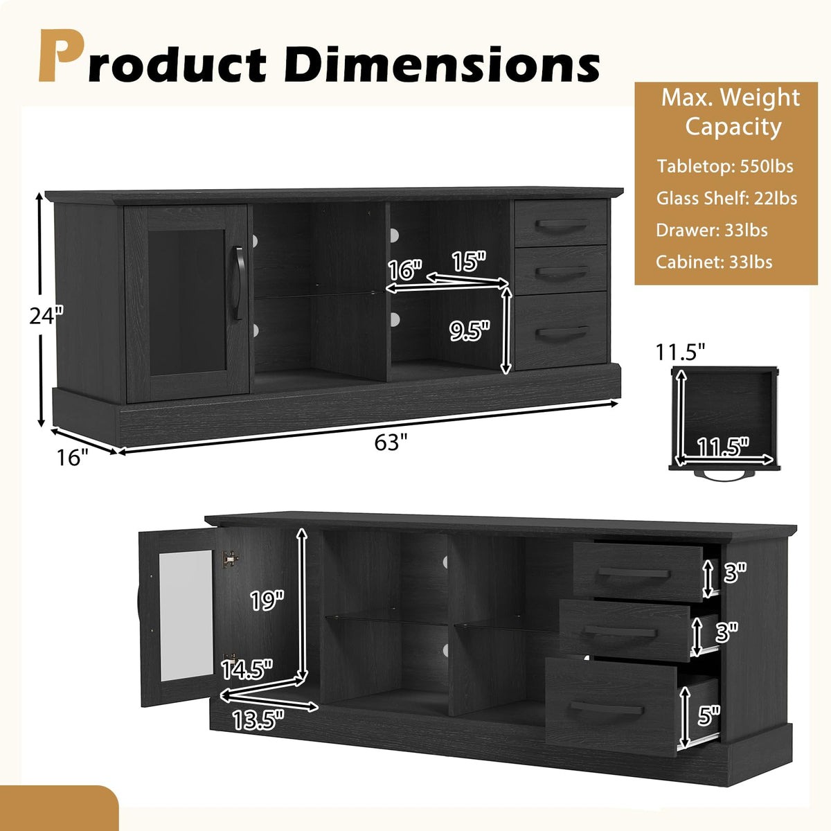 Goflame TV Stand for TVs up to 73”, Entertainment Center w/Cable Management Holes, Drawers